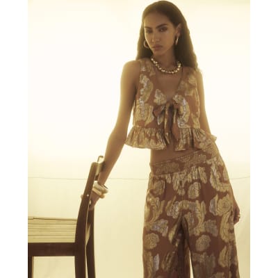Brown Sleeveless Gold Floral Tie Waistcoat