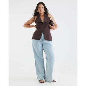 Brown Sleeveless Halter Neck Waistcoat