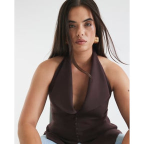 Brown Sleeveless Halter Neck Waistcoat