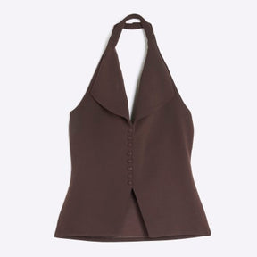 Brown Sleeveless Halter Neck Waistcoat