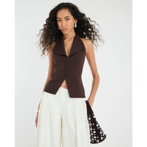 Brown Sleeveless Halter Neck Waistcoat