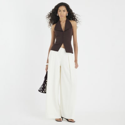 Brown Sleeveless Halter Neck Waistcoat