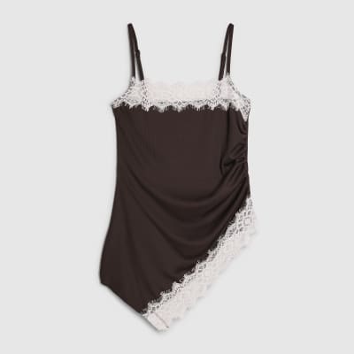 Brown Sleeveless Lace Trim Cami Top