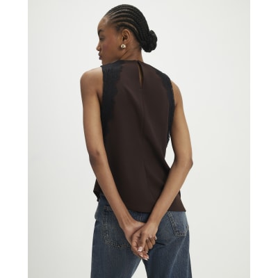 Brown Sleeveless Lace Trim Top