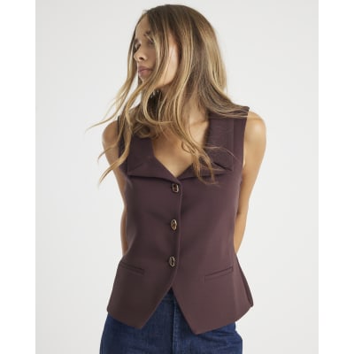 Brown Sleeveless Lapel Waistcoat