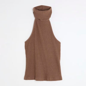 Brown Sleeveless Ribbed Roll Neck Halter Top