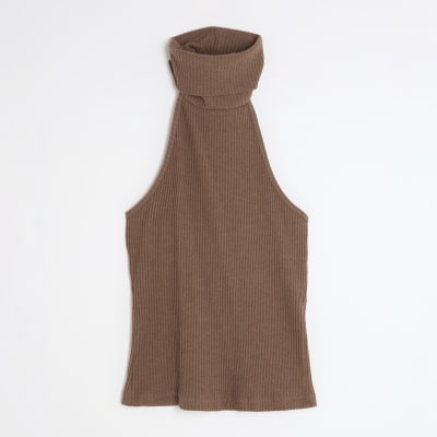 Brown Sleeveless Ribbed Roll Neck Halter Top