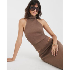 Brown Sleeveless Ribbed Roll Neck Halter Top