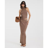 Brown Sleeveless Ribbed Roll Neck Halter Top