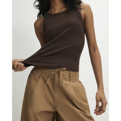 Brown Sleeveless Ribbed Tank Top