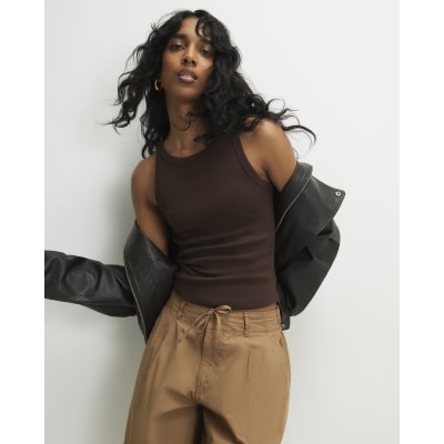 Brown Sleeveless Ribbed Tank Top