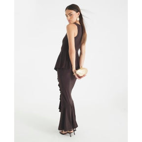 Brown Sleeveless Ruffle Front Maxi Dress