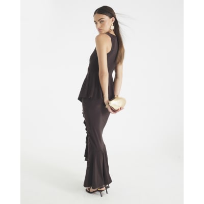 Brown Sleeveless Ruffle Front Maxi Dress