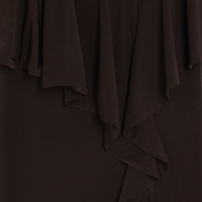 Brown Sleeveless Ruffle Front Maxi Dress