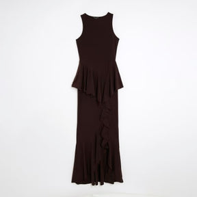 Brown Sleeveless Ruffle Front Maxi Dress