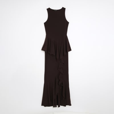 Brown Sleeveless Ruffle Front Maxi Dress