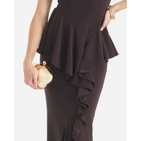 Brown Sleeveless Ruffle Front Maxi Dress