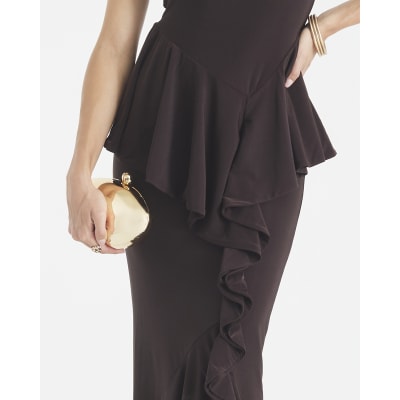 Brown Sleeveless Ruffle Front Maxi Dress