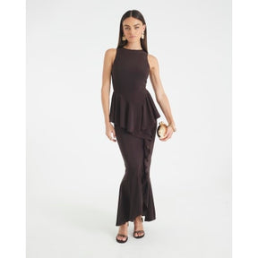 Brown Sleeveless Ruffle Front Maxi Dress
