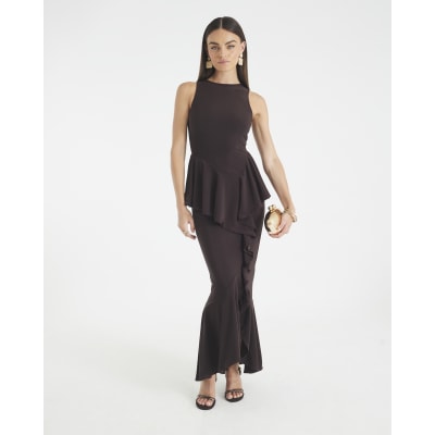 Brown Sleeveless Ruffle Front Maxi Dress