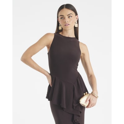 Brown Sleeveless Ruffle Front Maxi Dress