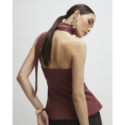 Brown Sleeveless Scarf Neck Waistcoat