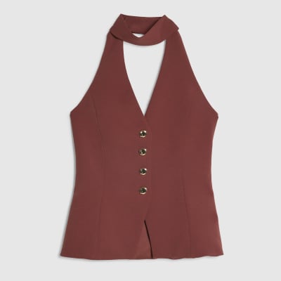 Brown Sleeveless Scarf Neck Waistcoat