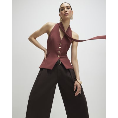 Brown Sleeveless Scarf Neck Waistcoat
