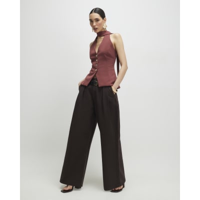 Brown Sleeveless Scarf Neck Waistcoat