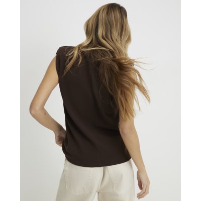 Brown Sleeveless Shoulder Pad Tank Top