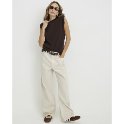 Brown Sleeveless Shoulder Pad Tank Top