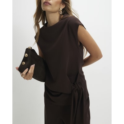 Brown Sleeveless Tie Side Top