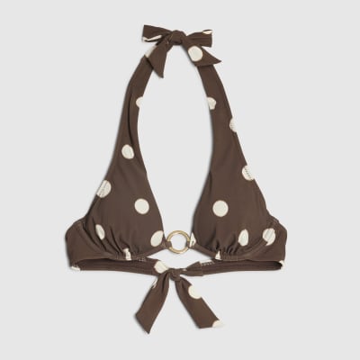 Brown Spot Print Plunge Neck Bikini Top
