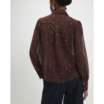 Brown Spot Print Scallop Trim Shirt
