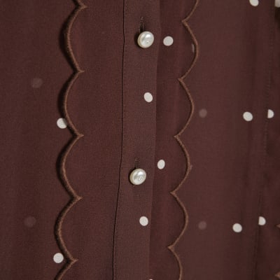 Brown Spot Print Scallop Trim Shirt