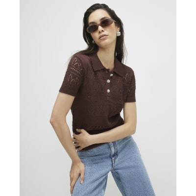 Brown Stitched Knit Polo Top