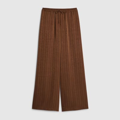 Brown Striped Drawstring Wide Leg Trousers