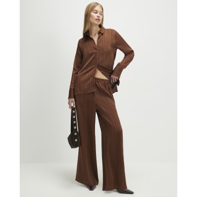 Brown Striped Drawstring Wide Leg Trousers
