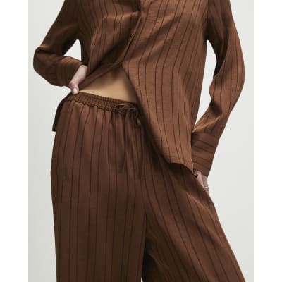 Brown Striped Drawstring Wide Leg Trousers