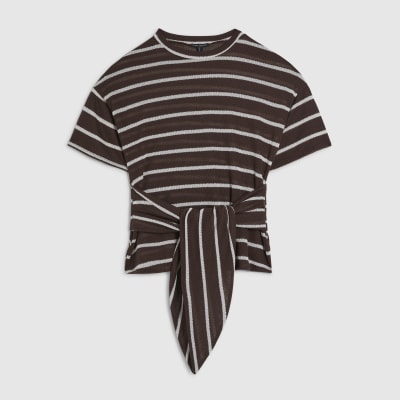 Brown Striped Textured Knot Front Top