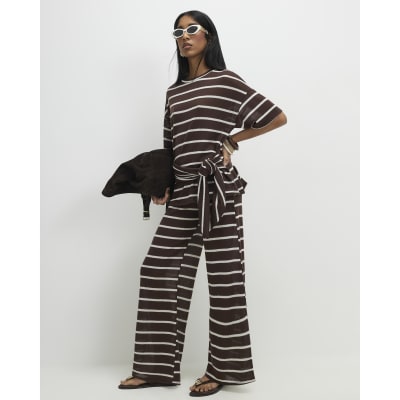 Brown Striped Textured Knot Front Top