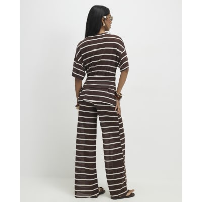 Brown Striped Textured Wide Leg Trousers