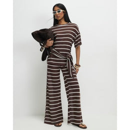 Brown Striped Textured Wide Leg Trousers
