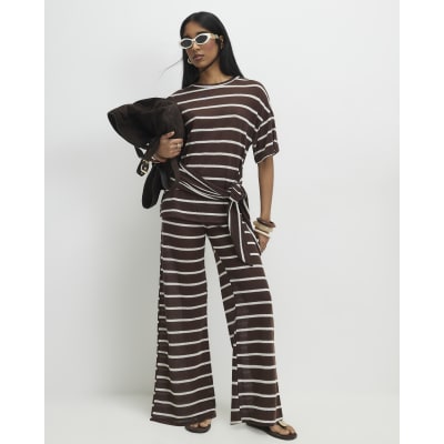 Brown Striped Textured Wide Leg Trousers