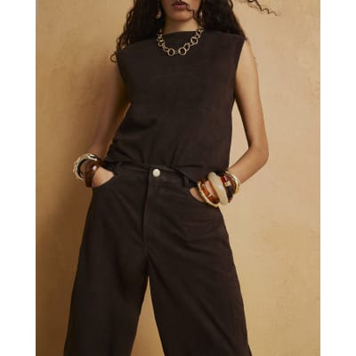 Brown Suede Barrel Leg Trousers