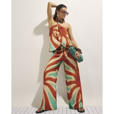 Brown Swirl Print Halter Neck Top