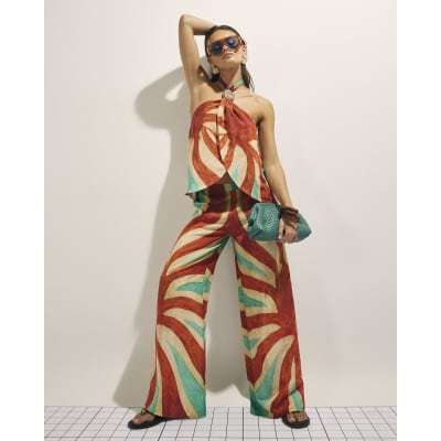 Brown Swirl Print Wide Leg Trousers