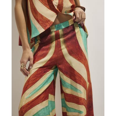 Brown Swirl Print Wide Leg Trousers