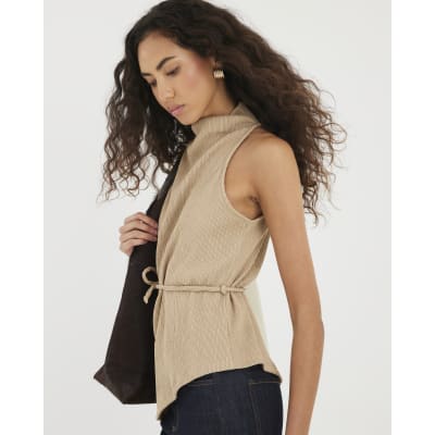Brown Textured Tie Waist Top