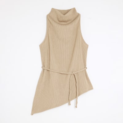 Brown Textured Tie Waist Top